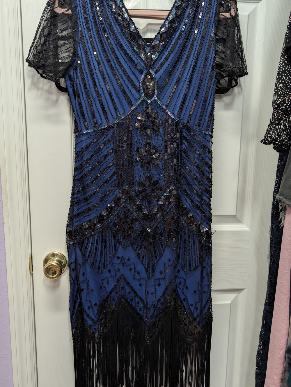 Roaring 20s Sequin Beaded Fringe Flapper Dress – Royal Blue – Size S